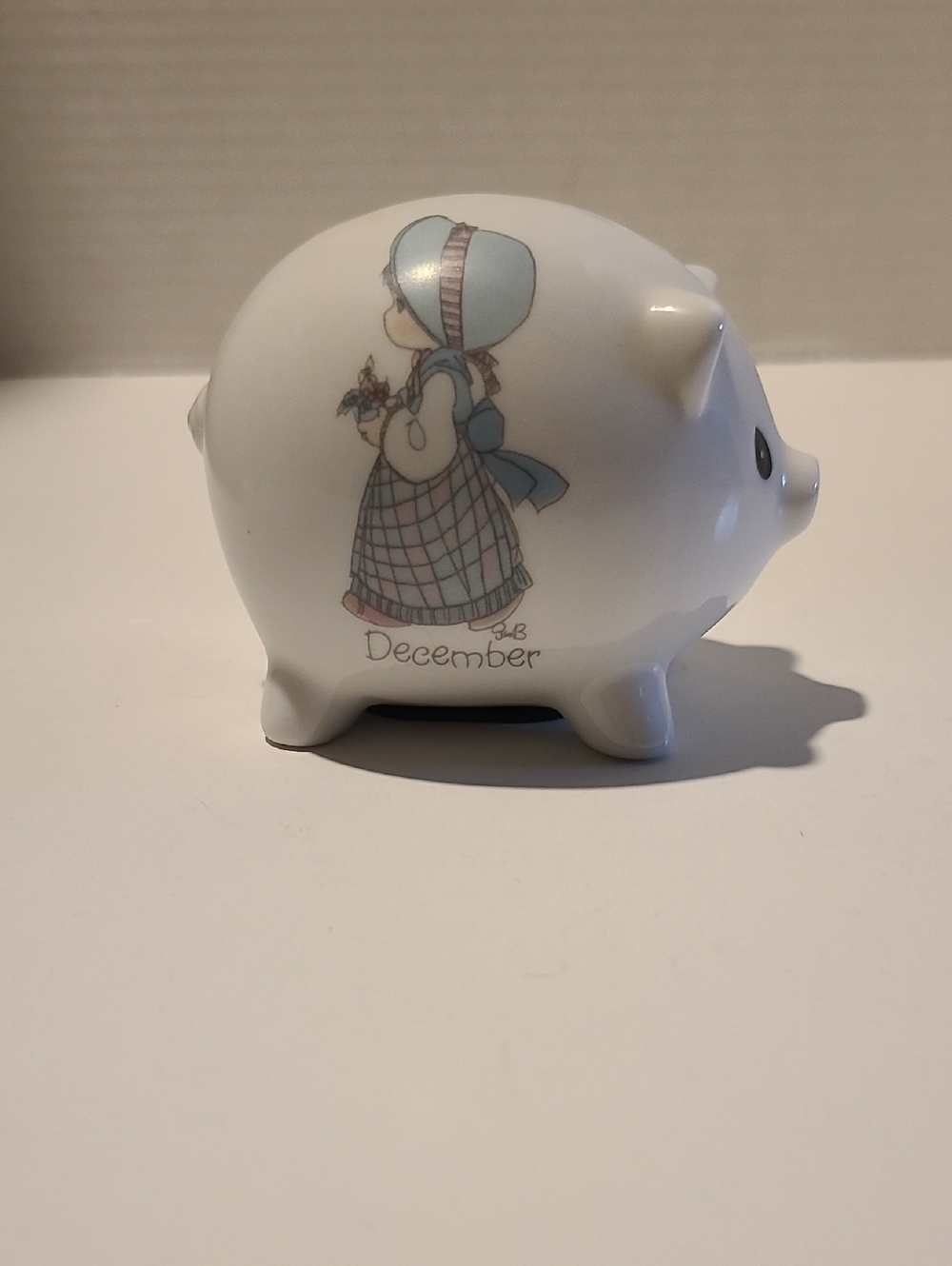 Precious Moments December Piggy Bank with Pastel Blue and Pink Sunbonnet Girl
